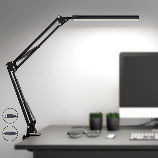 Picture of LED Desk Lamp with Clamp, Eye-Care Dimmable Reading Light, 3 Color Modes Swing Arm Lamp, USB Clip-on Table Lamp